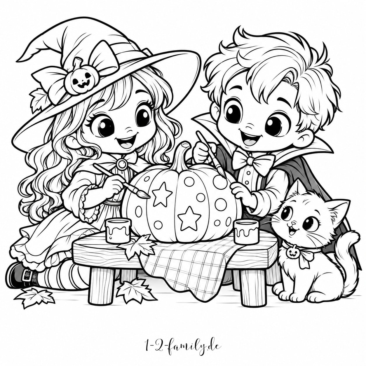 Zwei verkleidete Kinder bemalen einen Halloween-Kürbis mit Sternen und Punkten zum Ausmalen