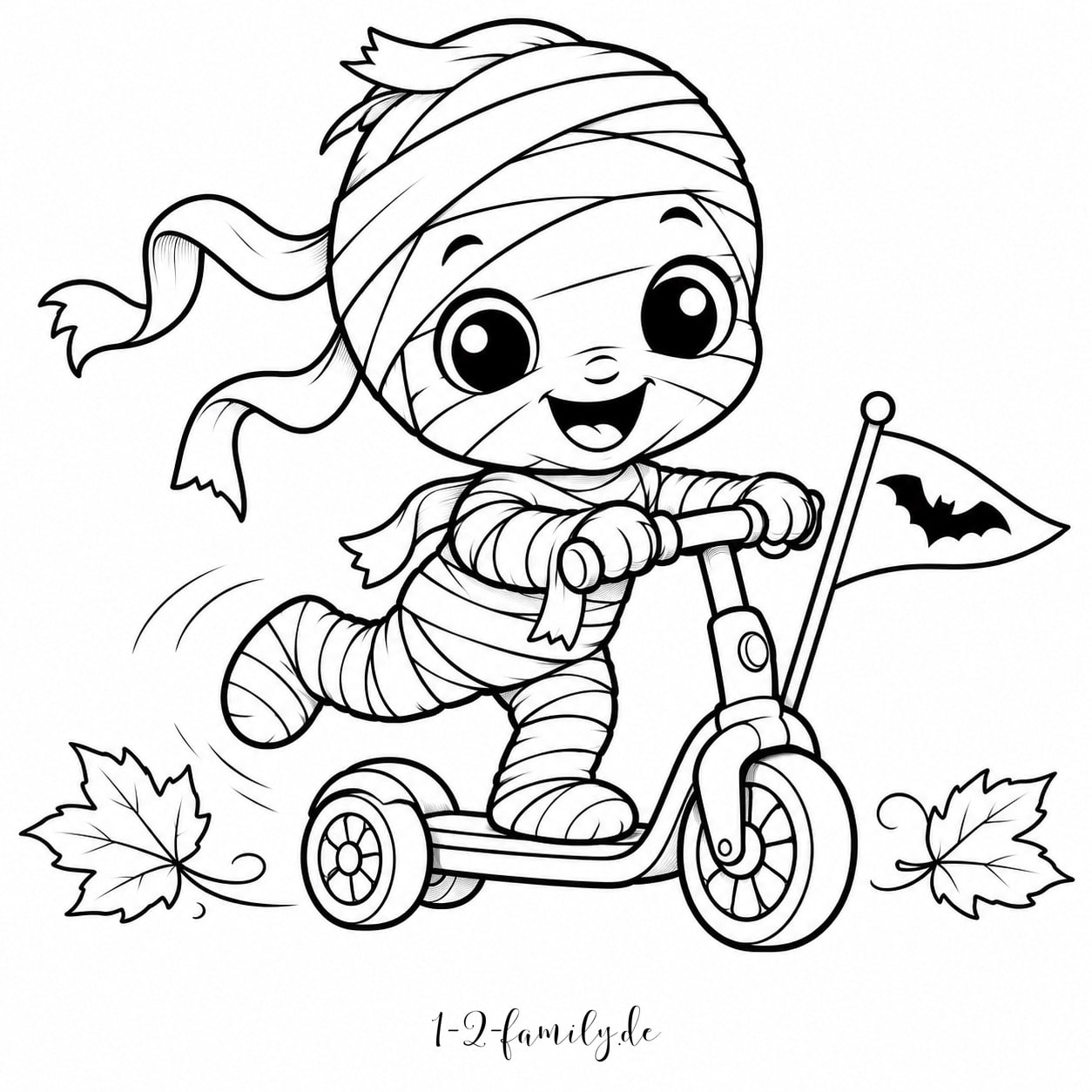Niedliche Mumie fährt mit flatternden Verbänden auf einem Roller als Halloween-Malvorlage