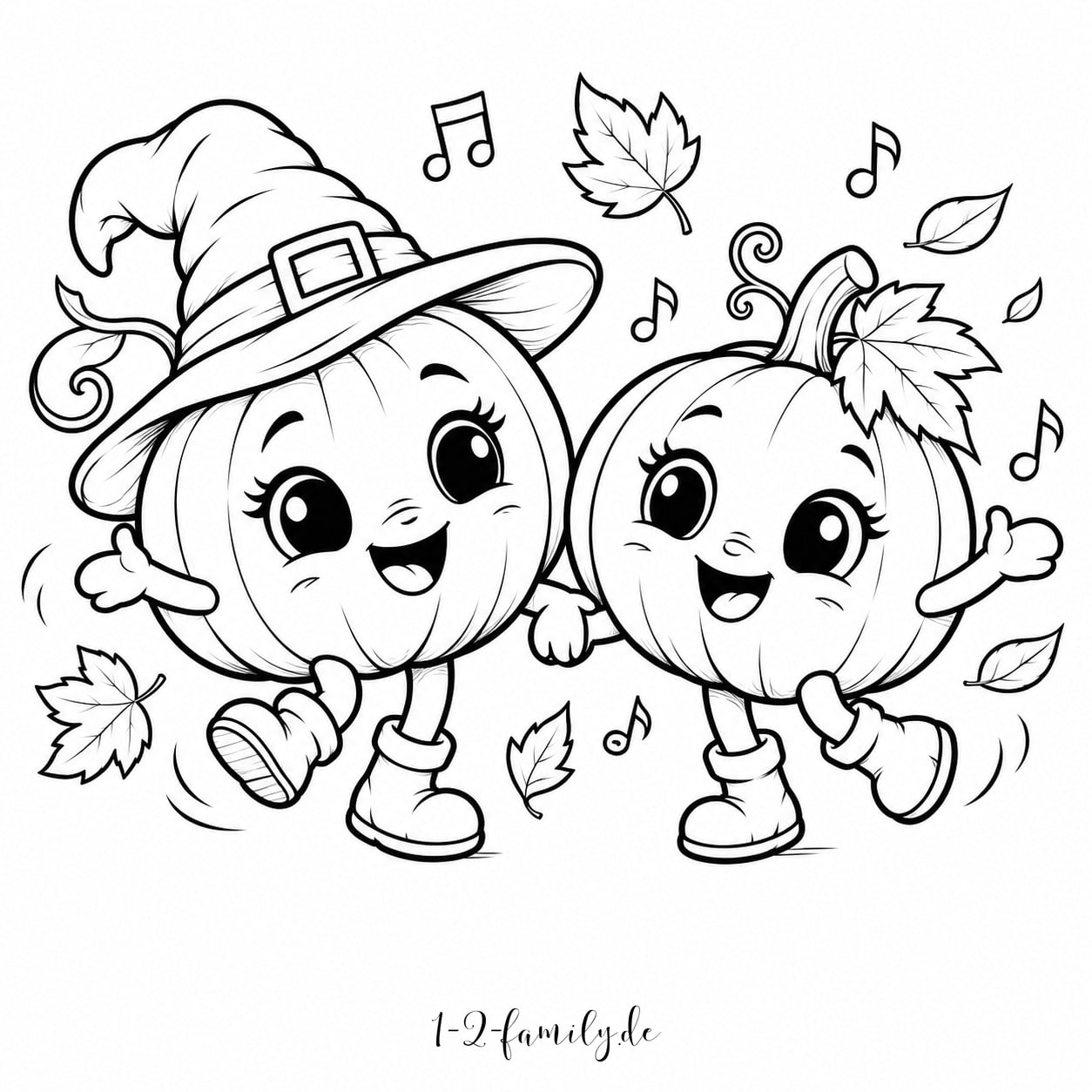 Zwei niedliche Kürbisfiguren halten sich an den Händen und tanzen als Halloween-Ausmalbild