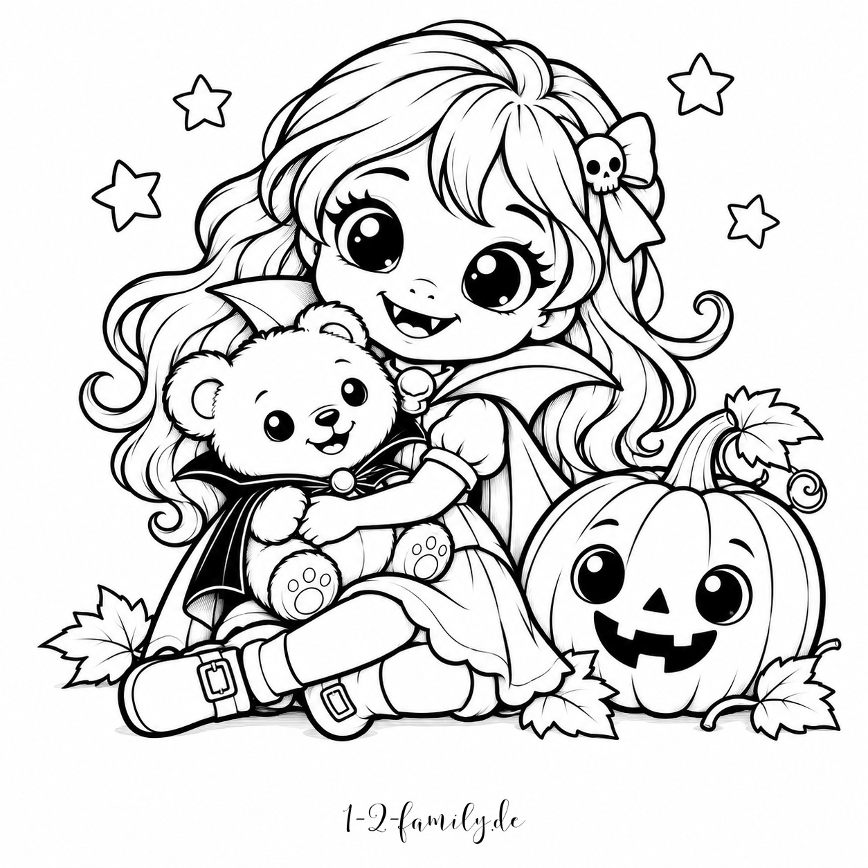 Niedliches Vampirmädchen umarmt einen Teddy im Vampirumhang als Ausmalbild
