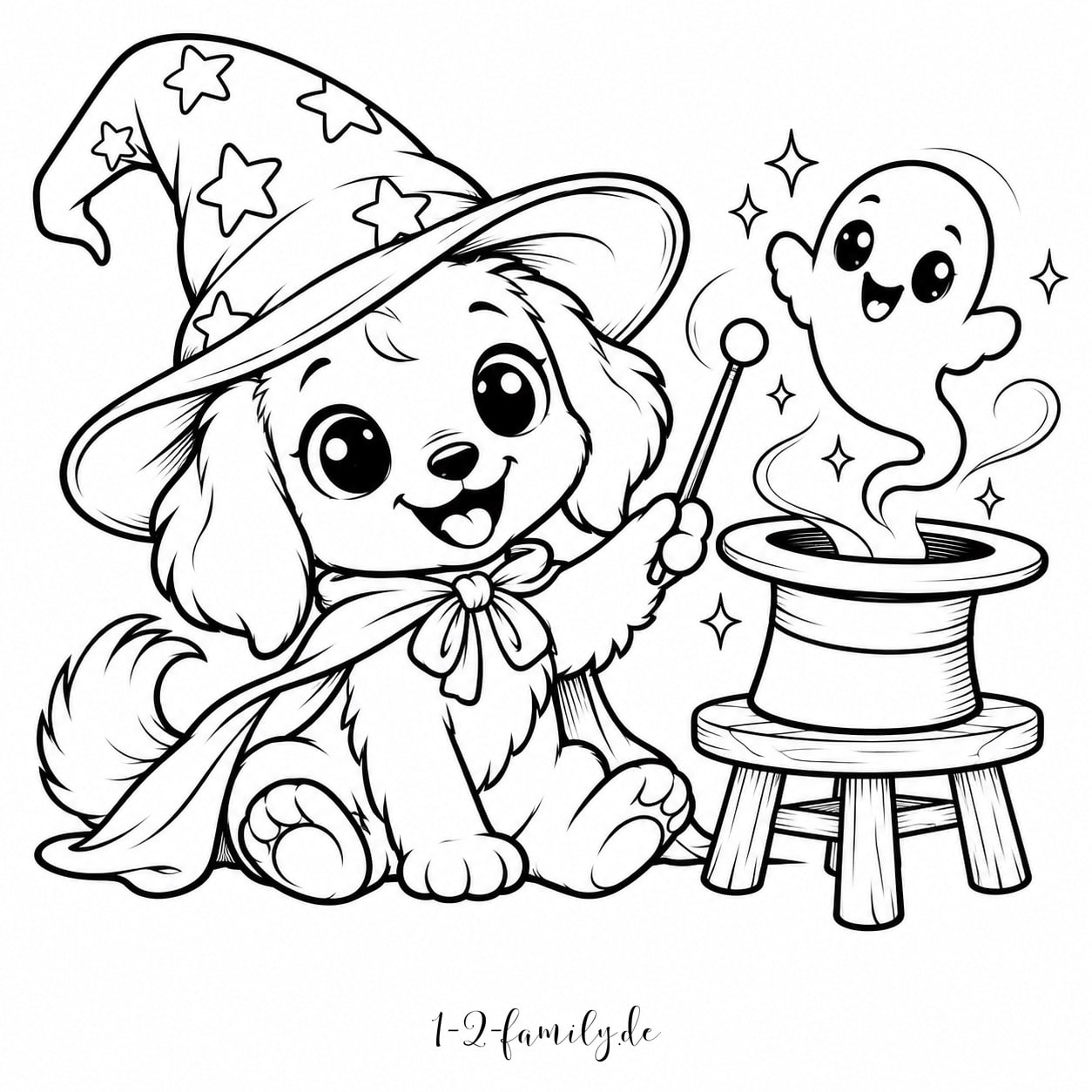 Niedlicher Hund mit Sternenhut zaubert ein Gespenst aus einem Zylinder als Halloween-Ausmalbild