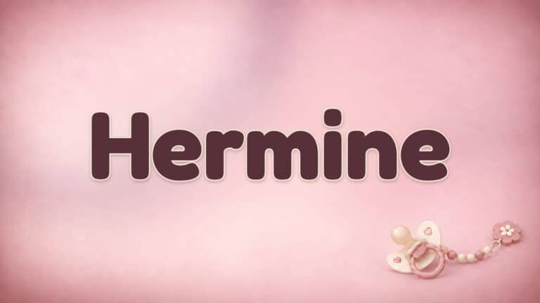 Der Vorname Hermine in großer bordeauxfarbener Schrift auf dem Babynamen-Motiv