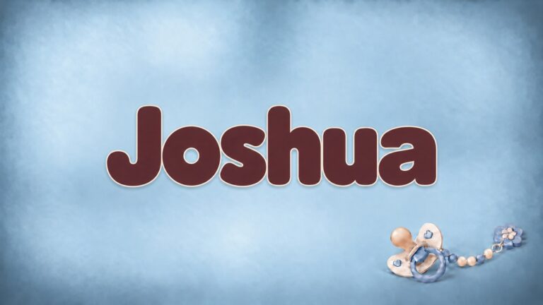 Der Vorname Joshua auf babyblaugrauem Hintergrund mit Schnullerkette.