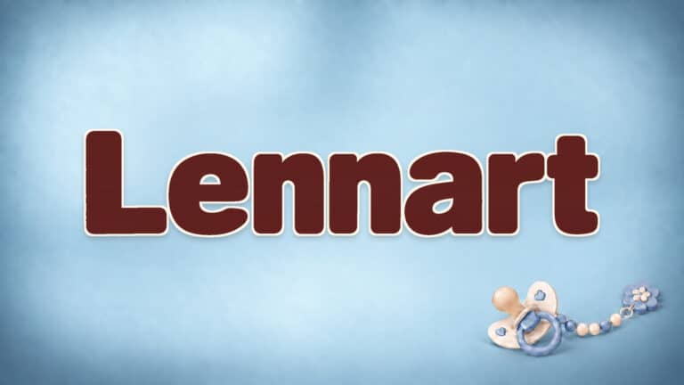 Lennart in brauner Namensschrift auf dem originalen babyblauen Hintergrund mit Schnuller