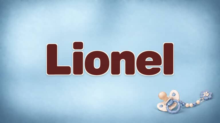 Lionel in brauner Namensschrift auf dem originalen babyblauen Hintergrund mit Schnuller