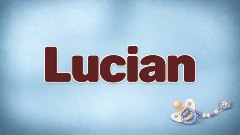 Lucian in brauner Namensschrift auf dem originalen babyblauen Hintergrund mit Schnuller