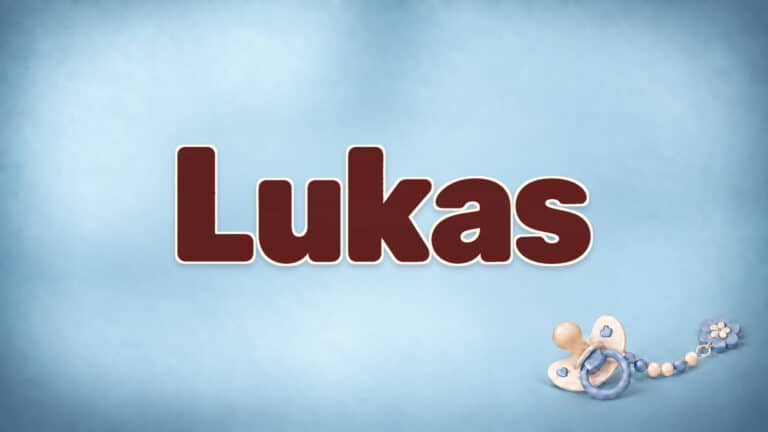 Lukas in brauner Namensschrift auf dem originalen babyblauen Hintergrund mit Schnuller