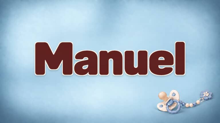 Manuel in brauner Namensschrift auf dem originalen babyblauen Hintergrund mit Schnuller