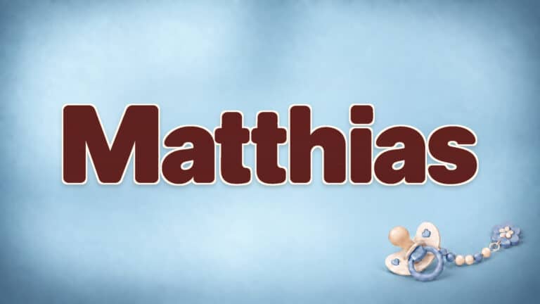 Matthias in brauner Namensschrift auf dem originalen babyblauen Hintergrund mit Schnuller