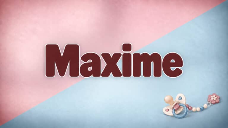 Maxime als Vorname auf zweifarbigem rosa-blauem Titelbild mit Schnuller