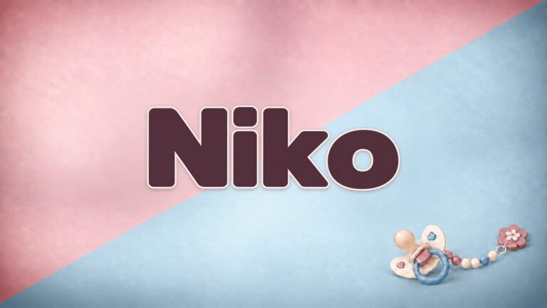 Der Vorname Niko in dunkler Rundschrift auf dem diagonal rosa-blauen Originalhintergrund mit Schnuller
