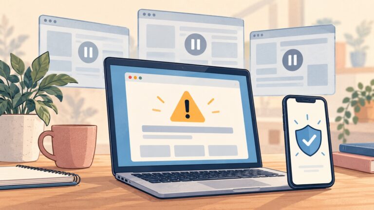 Illustration eines Laptops mit Warnsymbol und eines Smartphones mit Schutzschild; im Hintergrund pausierte Webseiten.