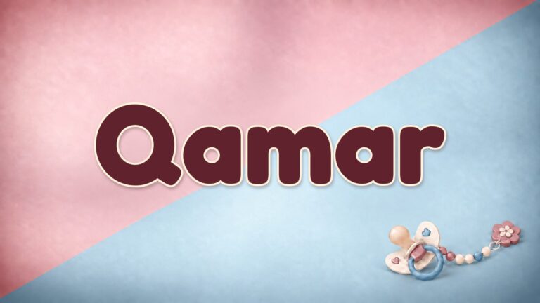 Der Vorname Qamar auf dem rosa-blauen Hintergrund der Vornamen-Serie von 1-2-family