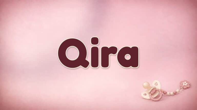 Der Vorname Qira auf dem rosa Hintergrund der Vornamen-Serie von 1-2-family
