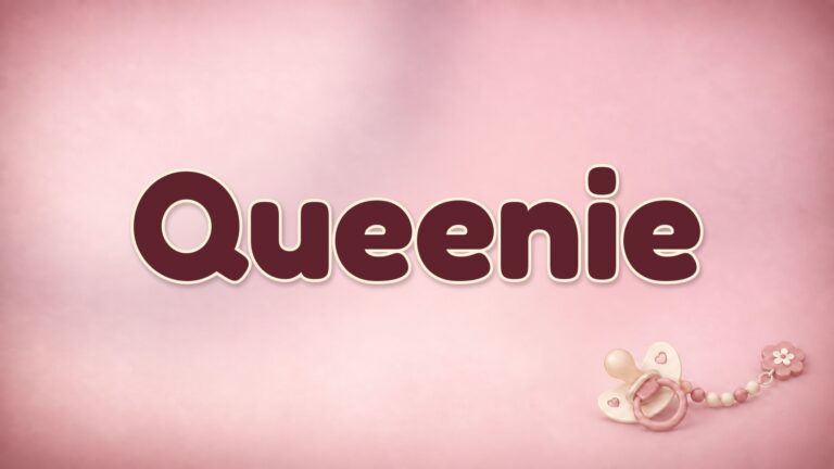 Der Vorname Queenie auf dem rosa Hintergrund der Vornamen-Serie von 1-2-family