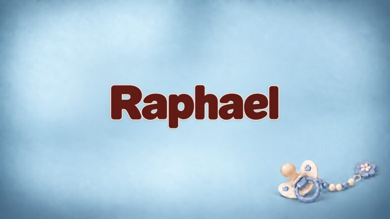 Vorname Raphael in bordeauxfarbener Schrift auf blaugrauem Hintergrund mit Schnullerkette