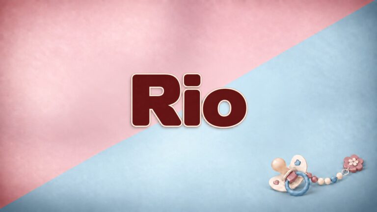 Vorname Rio in bordeauxfarbener Schrift auf rosa-blauem Hintergrund mit Schnullerkette