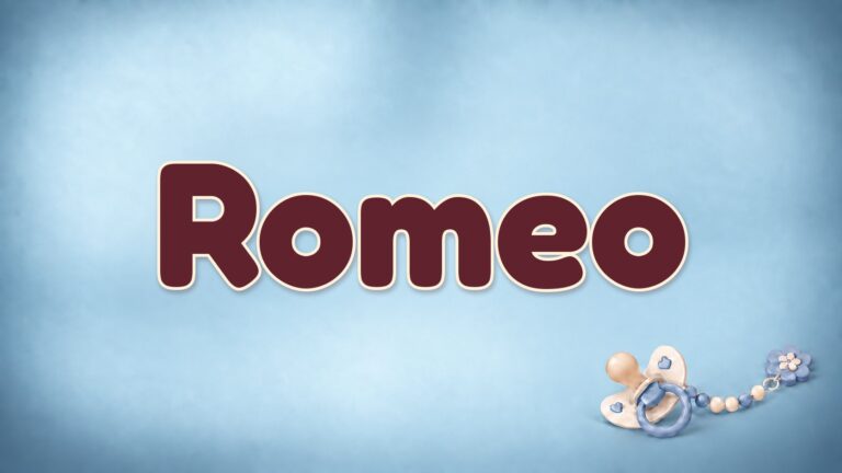 Der Vorname Romeo auf dem blauen Hintergrund der Vornamen-Serie von 1-2-family