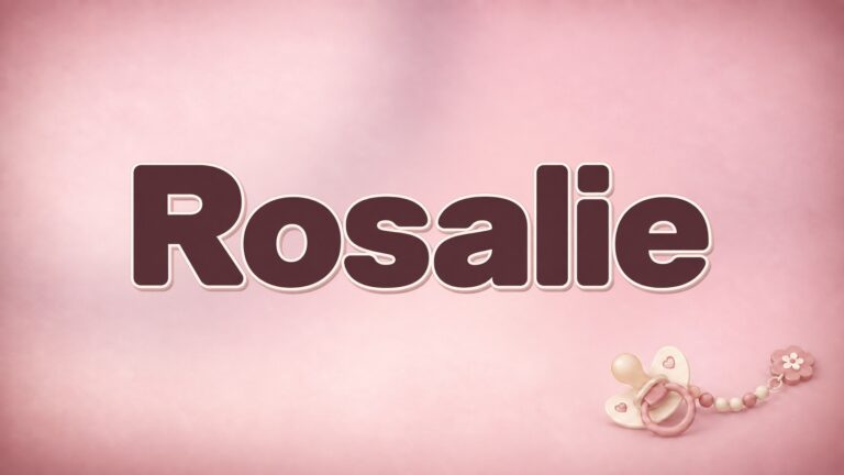Vorname Rosalie in bordeauxfarbener Schrift auf altrosafarbenem Hintergrund mit Schnullerkette