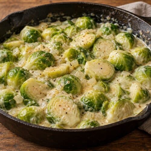 Rosenkohl in cremiger Cremefine-Senfsauce in einer schweren Gusseisenpfanne