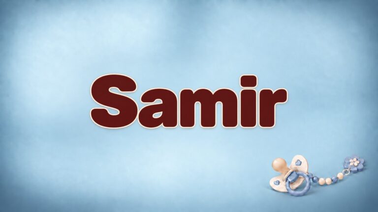 Vorname Samir in bordeauxfarbener Schrift auf blaugrauem Hintergrund mit Schnullerkette