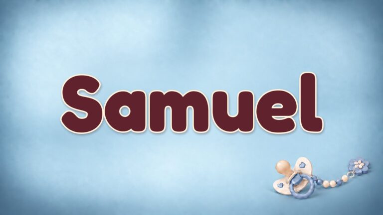 Vorname Samuel auf blauem Hintergrund mit Schnuller und Schnullerkette