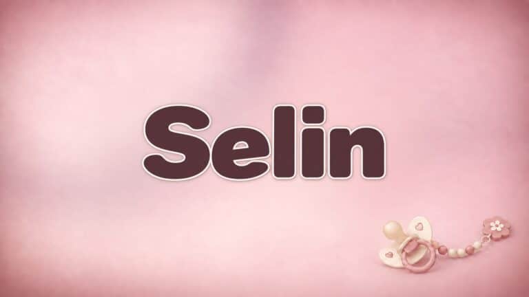 Vorname Selin in bordeauxfarbener Schrift auf altrosafarbenem Hintergrund mit Schnullerkette