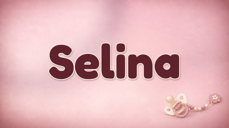 Vorname Selina auf rosafarbenem Hintergrund mit Schnuller und Schnullerkette