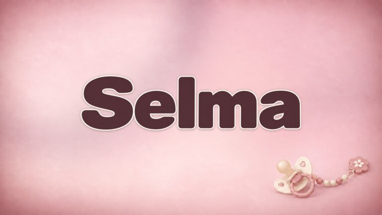 Vorname Selma in bordeauxfarbener Schrift auf altrosafarbenem Hintergrund mit Schnullerkette