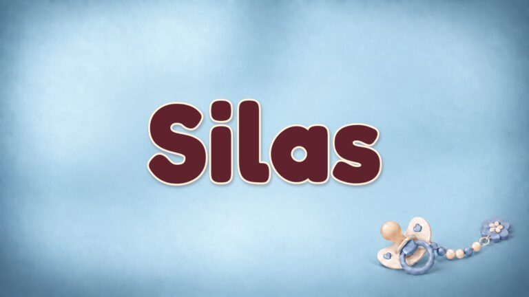 Vorname Silas auf blauem Hintergrund mit Schnuller und Schnullerkette
