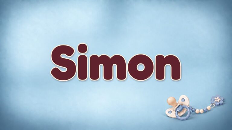 Vorname Simon auf blauem Hintergrund mit Schnuller und Schnullerkette