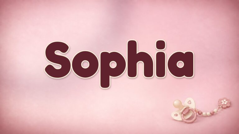 Vorname Sophia auf rosafarbenem Hintergrund mit Schnuller und Schnullerkette