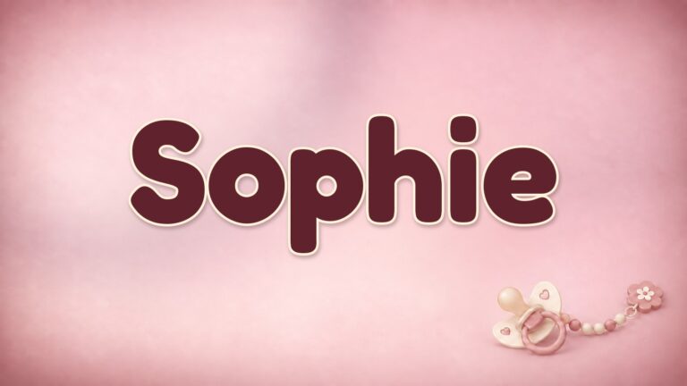 Vorname Sophie auf rosafarbenem Hintergrund mit Schnuller und Schnullerkette