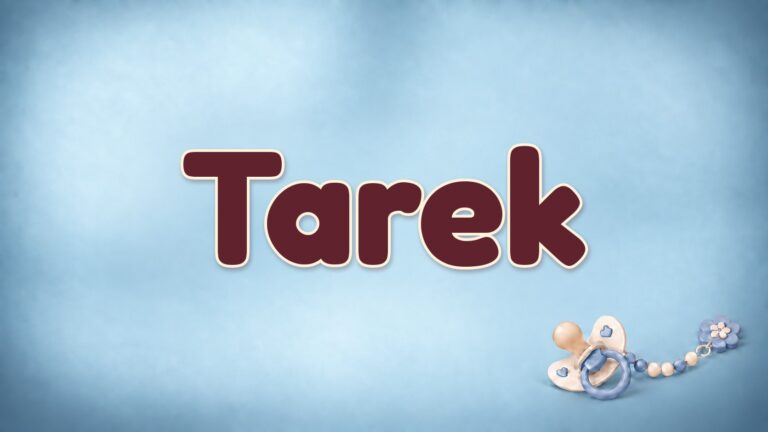 Vorname Tarek auf blauem Hintergrund mit Schnuller und Schnullerkette