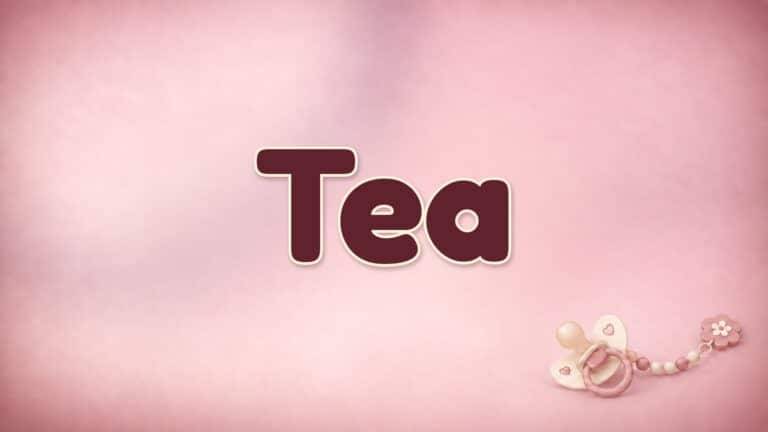 Vorname Tea auf rosafarbenem Hintergrund mit Schnuller und Schnullerkette