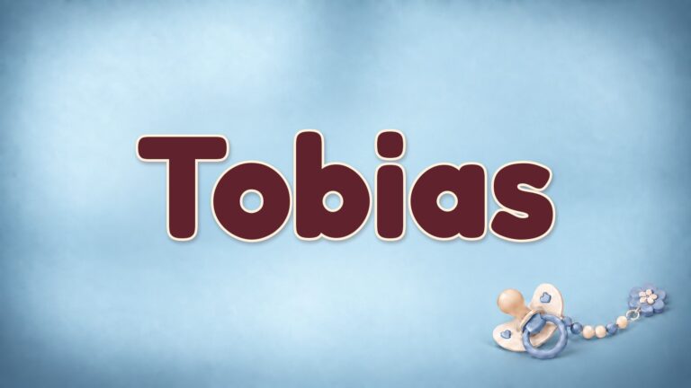 Vorname Tobias auf blauem Hintergrund mit Schnuller und Schnullerkette