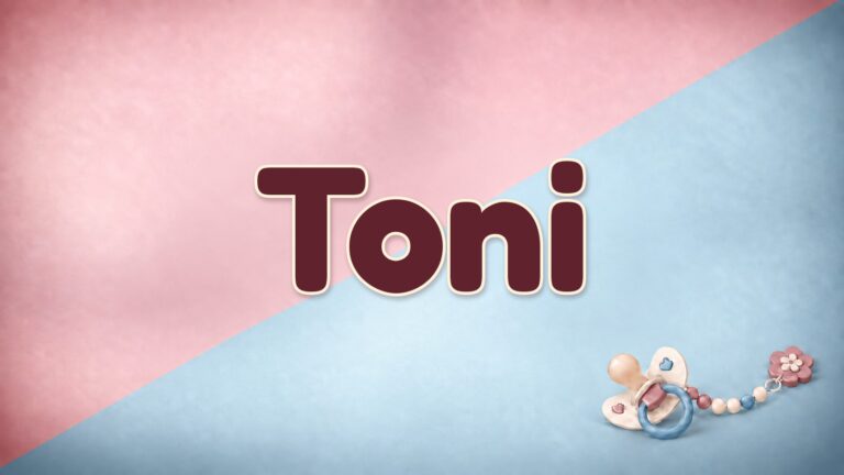 Vorname Toni auf rosa-blauem Hintergrund mit Schnuller und Schnullerkette