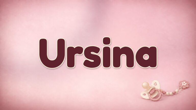 Vorname Ursina auf rosafarbenem Hintergrund mit Schnuller und Schnullerkette