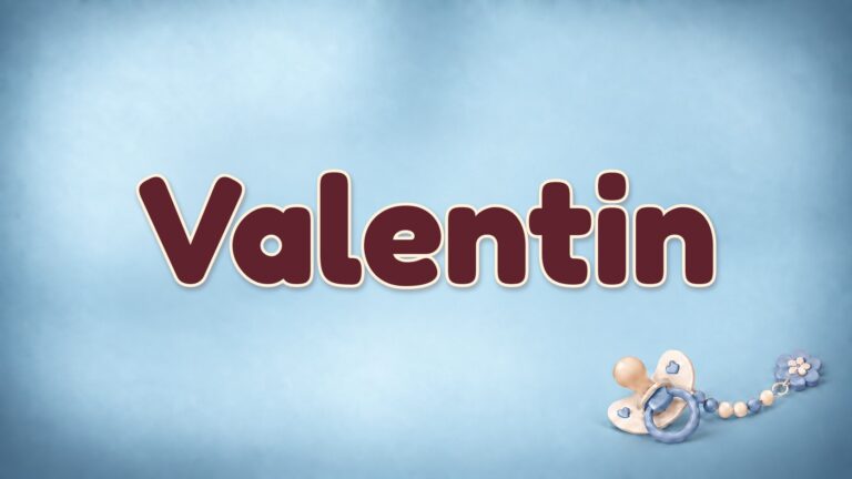 Vorname Valentin auf blauem Hintergrund mit Schnuller und Schnullerkette