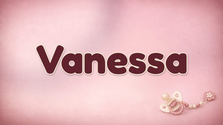 Vorname Vanessa auf rosafarbenem Hintergrund mit Schnuller und Schnullerkette