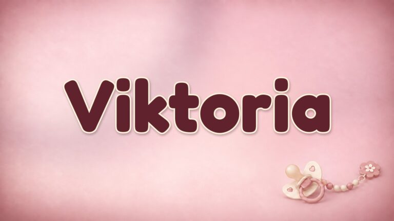 Vorname Viktoria auf rosafarbenem Hintergrund mit Schnuller und Schnullerkette