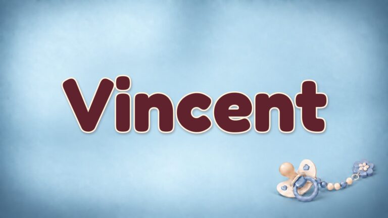 Vorname Vincent auf blauem Hintergrund mit Schnuller und Schnullerkette