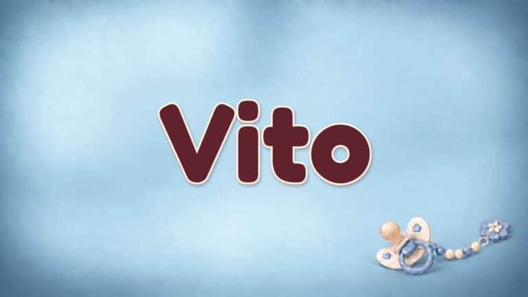 Vorname Vito auf blauem Hintergrund mit Schnuller und Schnullerkette