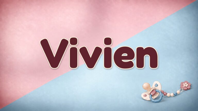 Vorname Vivien auf rosa-blauem Hintergrund mit Schnuller und Schnullerkette