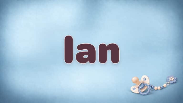 Vorname Ian in Bordeaux auf der blauen Babynamen-Vorlage mit Schnullerkette
