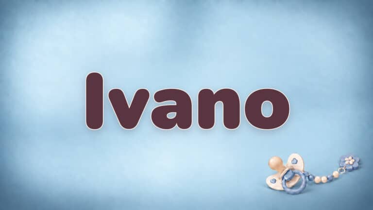 Vorname Ivano in Bordeaux auf der blauen Babynamen-Vorlage mit Schnullerkette