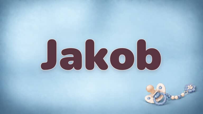 Vorname Jakob in Bordeaux auf der blauen Babynamen-Vorlage mit Schnullerkette
