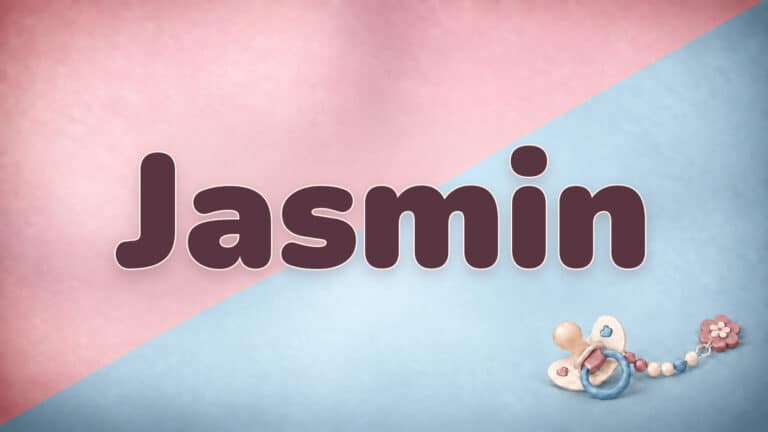 Vorname Jasmin in Bordeaux auf der rosa-blauen Babynamen-Vorlage mit Schnullerkette