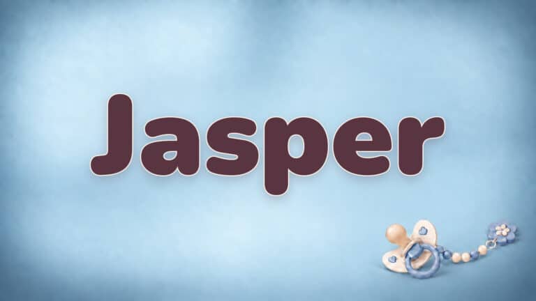Vorname Jasper in Bordeaux auf der blauen Babynamen-Vorlage mit Schnullerkette