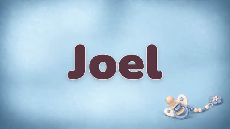 Vorname Joel in Bordeaux auf der blauen Babynamen-Vorlage mit Schnullerkette